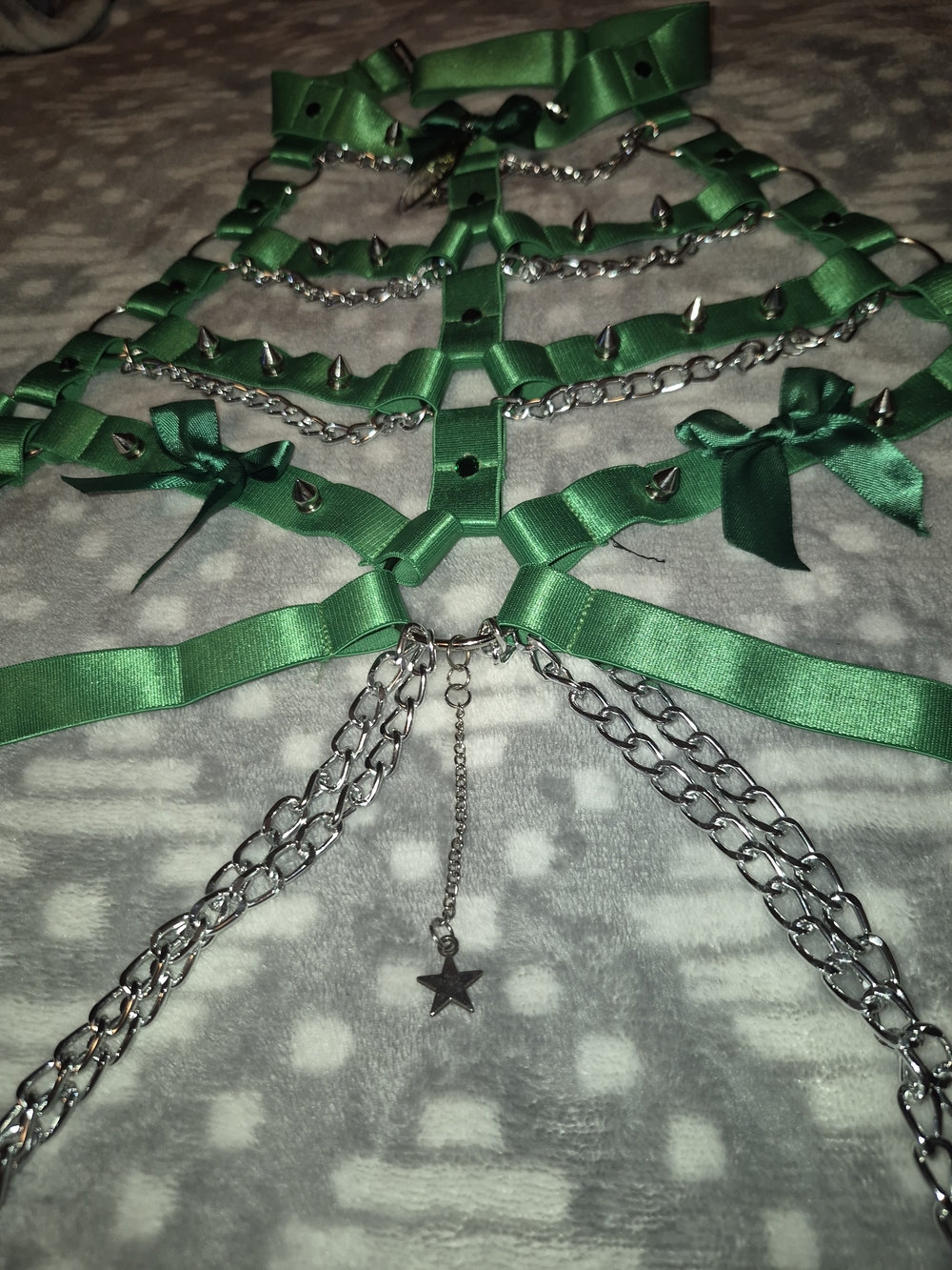 Green Satin Ribbon Body Harness with Silver Chains